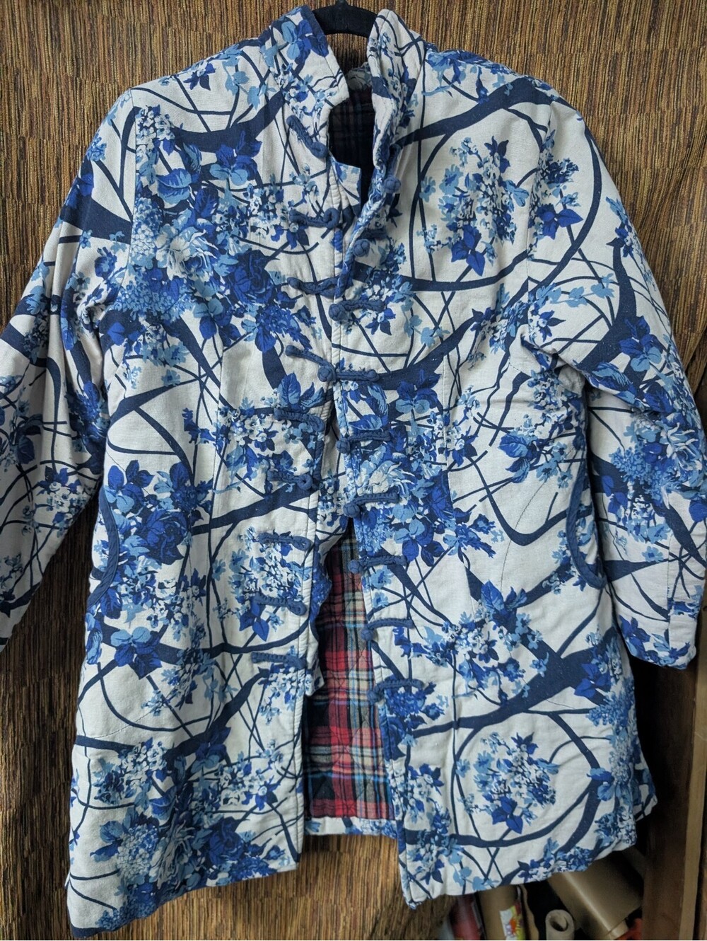 Vintage Blue Floral Quilted Jacket with Plaid Lining